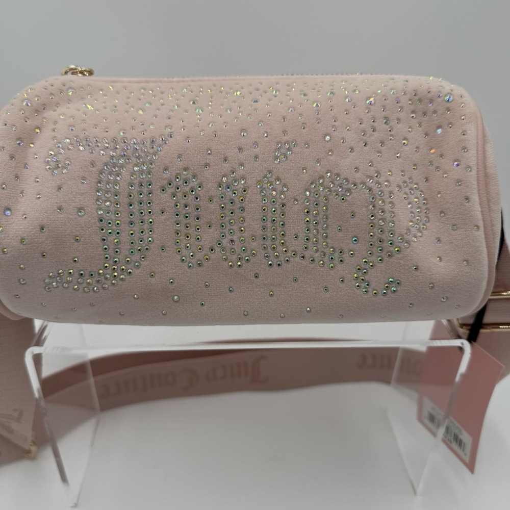 Juicy Couture Let It Shine Roll Bag Pink Clay Rhinestone Velour Crossbody NEW